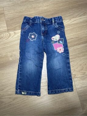 Girls' Dark Blue Embroidered Denim Jeans with Pink Accents